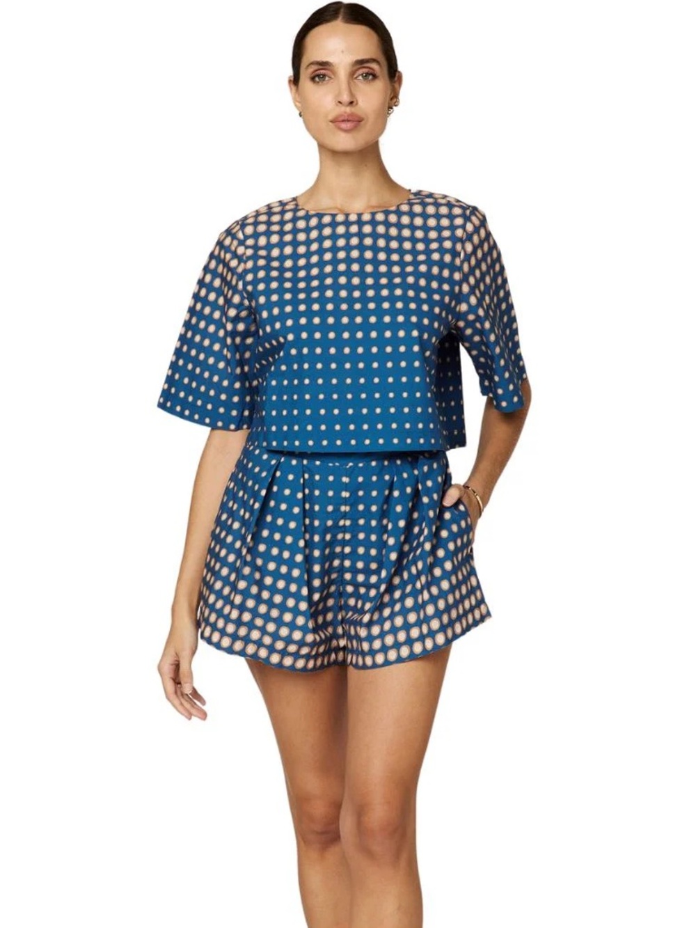 Cleobella Blue Polka Dot Two-Piece Shorts Set NWT|Crop Top & High Waisted Shorts